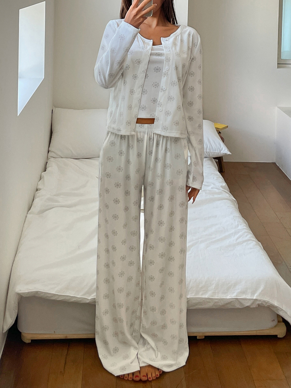 DAZY 女款碎花上衣與長褲睡衣套裝