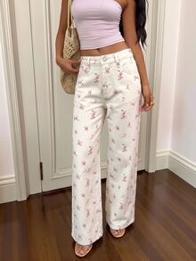 SHEIN Kids Tween Girl Girls' Black Polka Dot White Denim Loose Long Pants - Multicolor - View 3