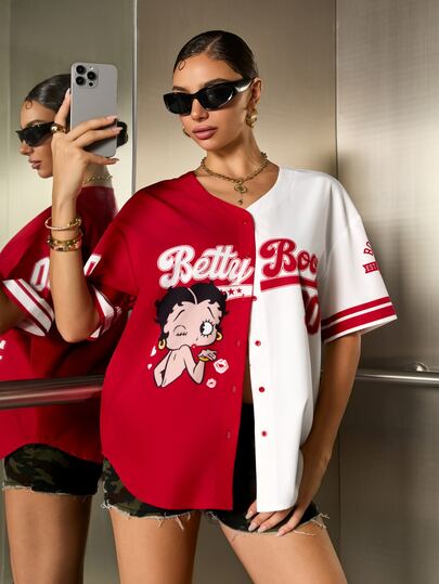 Betty Boop x SHEIN Camisa de mujer con estampado de dibujos animados y bloques de color, abotonada de una sola