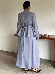 Dazy Plus Solid Color Casual Twist Pullover Shirt & A-Line Long Skirt 2 Pieces Set, Fun Commuter Outfit Fall - Blue - View 7