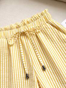 Franclia Women's Striped Ruffle Waist Tie Casual Shorts - Yellow - View 4