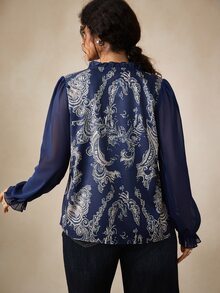 Nubod Plus Size Women's Autumn Casual Printed Patchwork Ruffle Hem Blouse - Navy Blue - View 2