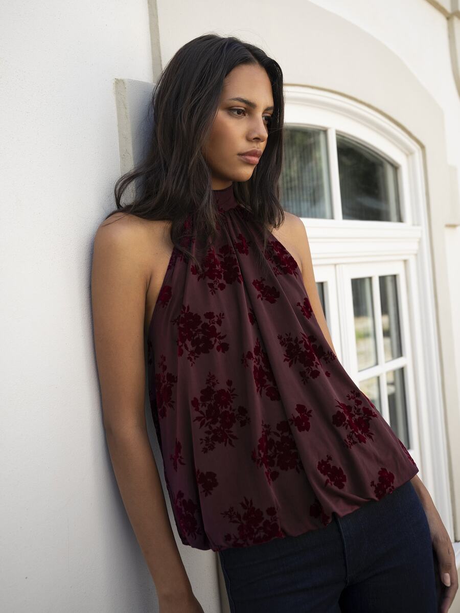 Nöista Floral Print Backless Tie Halter Top - Red Violet - View 1
