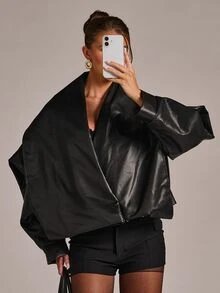 SHEIN BAE Women's Fashion Commuter Night Out Going Out Design Jacket Halloween Black Autumn Casual Rave Grunge - Black - View 3