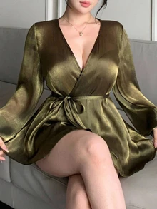 Dazy Plus Green Chiffon Blouse With Asymmetrical Front, Tie Waist, Long Sleeves, Elegant For Wedding And Party - Dark Green - View 4