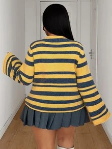 Maweii Sweater Pullover Bergaris Wanita, Pakaian Rajut, Ukuran Besar - Kuning - View 2