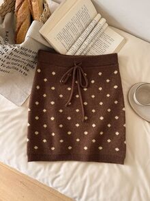 CosyJoli Lässiger Damen-Strickrock für Zuhause und Feiertage, figurbetonter Bodycon-Rock für Herbst/Winter, kaffeebraun mit gelben Punkts, Strickrock mit Schleife vorne - Kaffeebraun - Übersicht 5