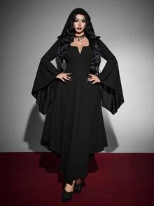 Whyspr Plus Size Hooded Long Sleeve Halloween Gothic Witch Vintage Dress - Black - View 5