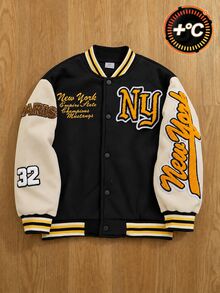 SHEIN 男童秋季拼色拼接保暖內裡棒球夾克，新款秋冬兒童NY字母刺繡貼布夾克，復古美式棒球風加厚上衣，小男孩街頭休閒立領，街頭嘻哈學院風 - 藍色 - 查看 3
