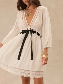 Easelle Women's French Lace Patchwork Hollow Sweet Romantic Boho Elegant Tie-Up Dress Vacation White Black Lace Fall Garden Party Brunch Tea Party - White - View 2