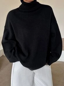 Dazy Plus Solid Color Casual Versatile Loose High Neck Autumn/Winter Long Sleeve Pullover Sweater - Black - View 7