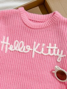 HELLO KITTY AND FRIENDS | SHEIN Vintaside Kids 女童 1件 3D刺繡裝飾圓領針織衫，百搭休閒日常穿著，適合秋冬 - 藕粉色 - 查看 3