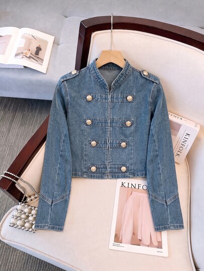 GlowEve Women's Fashion Versatile Double-Breasted Long Sleeve Denim Jacket