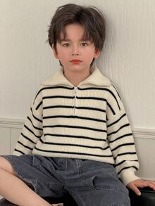 DAZY 青少年男孩秋冬休閒拼色條紋毛衣 - 米色 - 查看 5