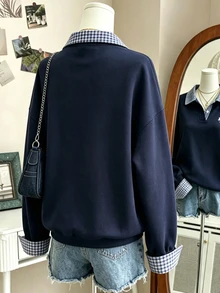 Lalippa Women's Navy Blue Plaid Collar Fake Two Pieces Sweatshirt,Daily Street Vacation Outfit,Gift For Friends - Multicolor - View 2
