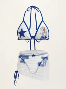 TOM & JERRY X SHEIN Women's Cartoon Print Bikini Swimwear Cover Up Skirt Set Beach Blue And White White Cute - Blue and White - View 1