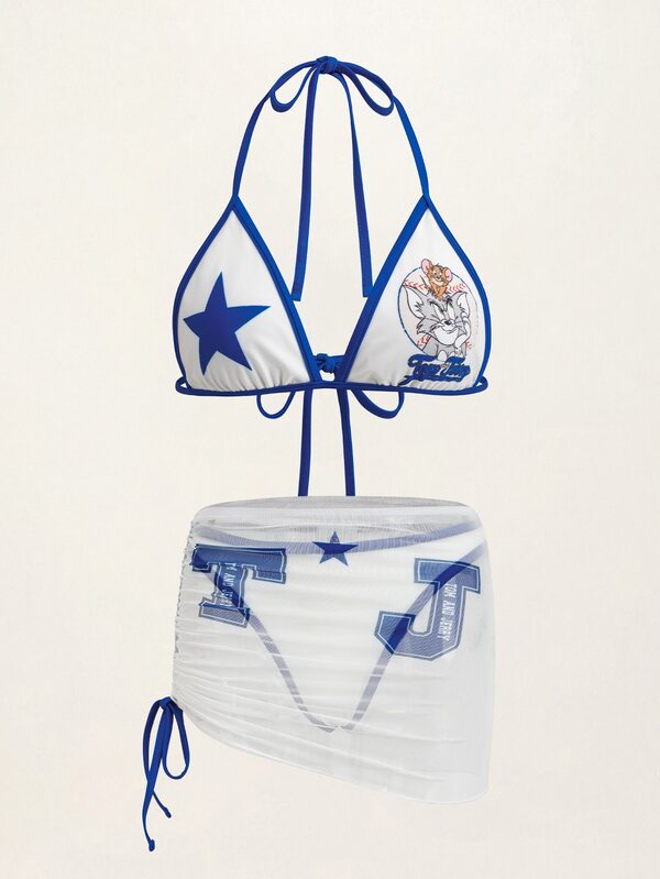 TOM & JERRY X SHEIN Set Baju Renang Bikini Motif Kartun Wanita dengan Rok Penutup