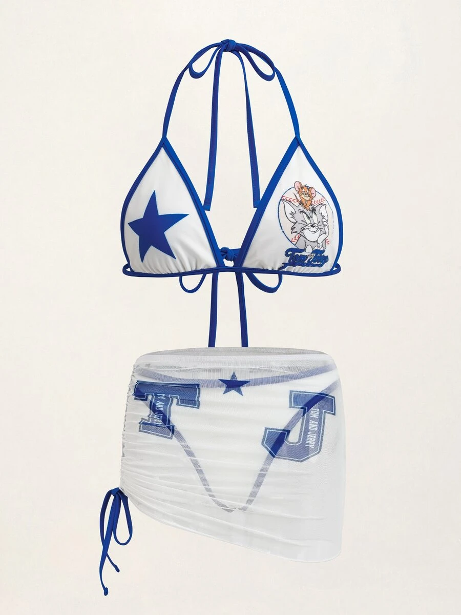 TOM & JERRY X SHEIN Women's Cartoon Print Bikini Swimwear Cover Up Skirt Set Beach Blue And White White Cute - Blue and White - View 1