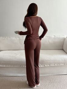 DAZY Autumn Winter Solid Color Slim Fit Tie Neck Women's Loungewear Set - Coffee Brown - View 2