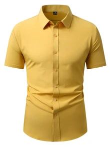 Calvornis Men's Casual Versatile Solid Color Short Sleeve Shirt - Yellow - View 3