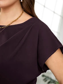 Reflora Plus Size Minimalist Pleated Waist Blouse For Office And Commute - Maroon - View 6
