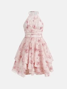 SHEIN Pitira Tween Girl Tween Girls Summer Pink Floral Elegant Halter Neck Sleeveless Asymmetrical Multi-Layer Ruffle Hem Dress, Party, Graduation - Pink - View 3