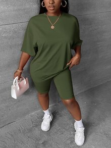 Slaydiva Women's Solid Color Crew Neck Drop Shoulder Sleeve T-Shirt And Shorts Casual Set - Army Green - View 5