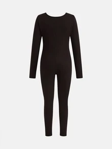 Girlism 青少年女孩針織抓絨圓領長袖修身連身褲，休閒秋季穿搭 - 咖啡棕 - 查看 2