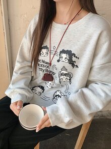 Betty Boop x DAZY Curve Cartoon Print Crew Neck Thermal Lined Thick Casual Loose Long Sleeve Sweatshirt For Spring Autumn Winter - Light Grey - View 4