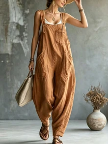 Glimmora Women's Fashion Solid Color Button Strap Pocket Jumpsuit - Yellow - View 4
