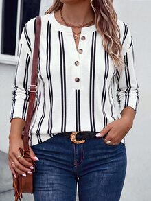 SHEIN LUNE Fashion Vintage Casual Basic Plus Size T-Shirt With Button Design, White Base And Black Vertical Stripe Print - Multicolor - View 3