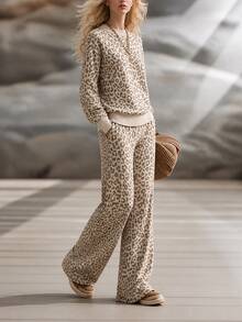 SHEIN Setelan Wanita Musim Gugur/Dingin, Pullover Leher Bulat Motif Leopard, Sweater Longgar Kasual Vintage dan Celana Panjang, 2 Potong - Aprikot - View 4