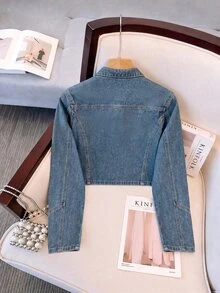 GlowEve Women's Fashion Versatile Double-Breasted Long Sleeve Denim Jacket - Blue - View 2