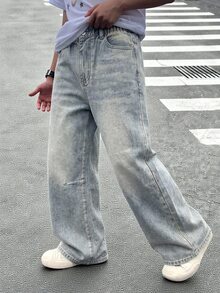 Genkimix Kids Denimly 青少年男孩休閒日常都市街頭直筒牛仔褲，彈性腰頭、拉鍊門襟、破洞設計 - 淺色水洗藍 - 查看 3