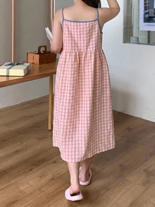 Dazy Plus Teen Girls Casual Plaid Colorblock Spaghetti Strap Nightgown, Spring Summer Autumn New Style - Pink - View 3