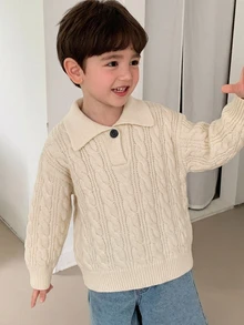 DAZY Atasan Sweater Rajut Tebal Longgar Kasual Musim Gugur/Dingin untuk Anak Laki-laki (Ukuran Kecil), Kerah Lipat, Gaya Dasar Aprikot - Aprikot - View 3