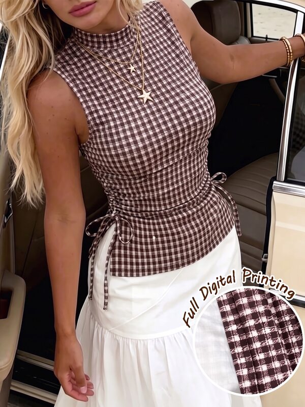SHEIN Women's Brown Gingham Mock Neck Knit Tank Top With Side Tie Split Sleeves: Sleeveless Blouse For Spr