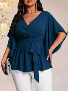 Auvina Plus Size Women's Solid Color Fitted V-Neck Short Sleeve Tie Waist Ruffle Hem Elegant Daily Party Blouse - Teal Blue - View 4