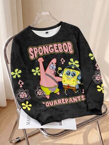 SpongeBob SquarePants | SHEIN Plus Size Cartoon Print Crew Neck Sweatshirt Fall - White - View 7