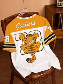 GARFIELD | SHEIN تي شيرت صيفي كاجوال بمقاسات كبيرة مع طباعة كرتونية وتصميم كتل لونية وقطع متداخلة - أبيض - مشاهدة 2