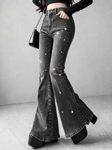 FRIFUL Women's Casual Washed Rhinestone Decorated Flare Jeans Fall - Black - View 5
