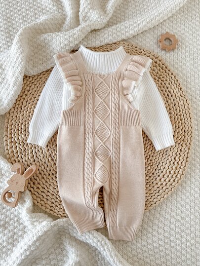 SHEIN Baby Girls Sweater Onesies, Autumn/Winter Infant Toddler Jumpsuit, Comfortable Apricot Color Suspenders Long Pants, Stylish Fashion Cute Casual Elegant Daily Wear Travel