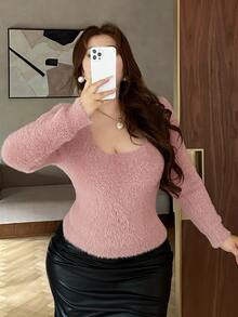 Dazy Plus Sweater Pullover Pendek Rajut Panjang Berwarna Pink, Lembut dan Pas Badan, Lapisan Dasar Serbaguna untuk Musim Gugur/Dingin - Berwarna merah muda - View 2