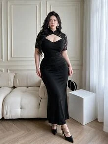 Vibekara Fashionable Cheongsam Collar Lace Patchwork Long High Slit Dress - Black - View 6