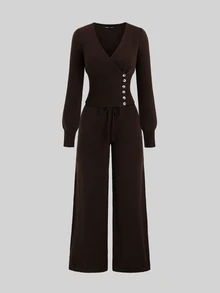 Sweetra Lazy Casual Ribbed Deep Coffee V-Neck Single-Breasted Sweater 2 Pieces Set - Coffee Brown - View 7