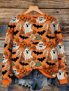 EMERY ROSE Plus Size Women's Halloween Ghost, Pumpkin & Bat Print Raglan Long Sleeve Sweatshirt Pullover Fall Outfit Winter - Multicolor - View 2