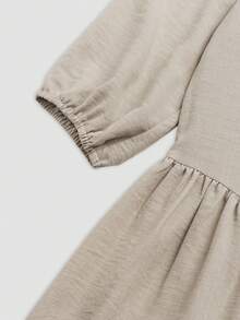 Linhara Plus Size Women Grey Midi Dress V-Neck Half Placket Front Button 3/4 Puff Elastic Cuff Sleeve Cinched Waist Flowy A Line Casual Boho Vacation Summer - Apricot - View 5