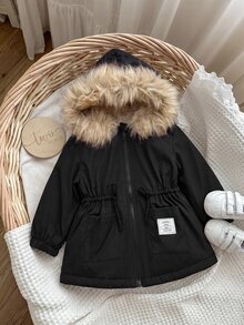 Baby Girl Cute Autumn/Winter Versatile Black Thermal-Lined Hooded Fur Collar Jacket - Black - View 4