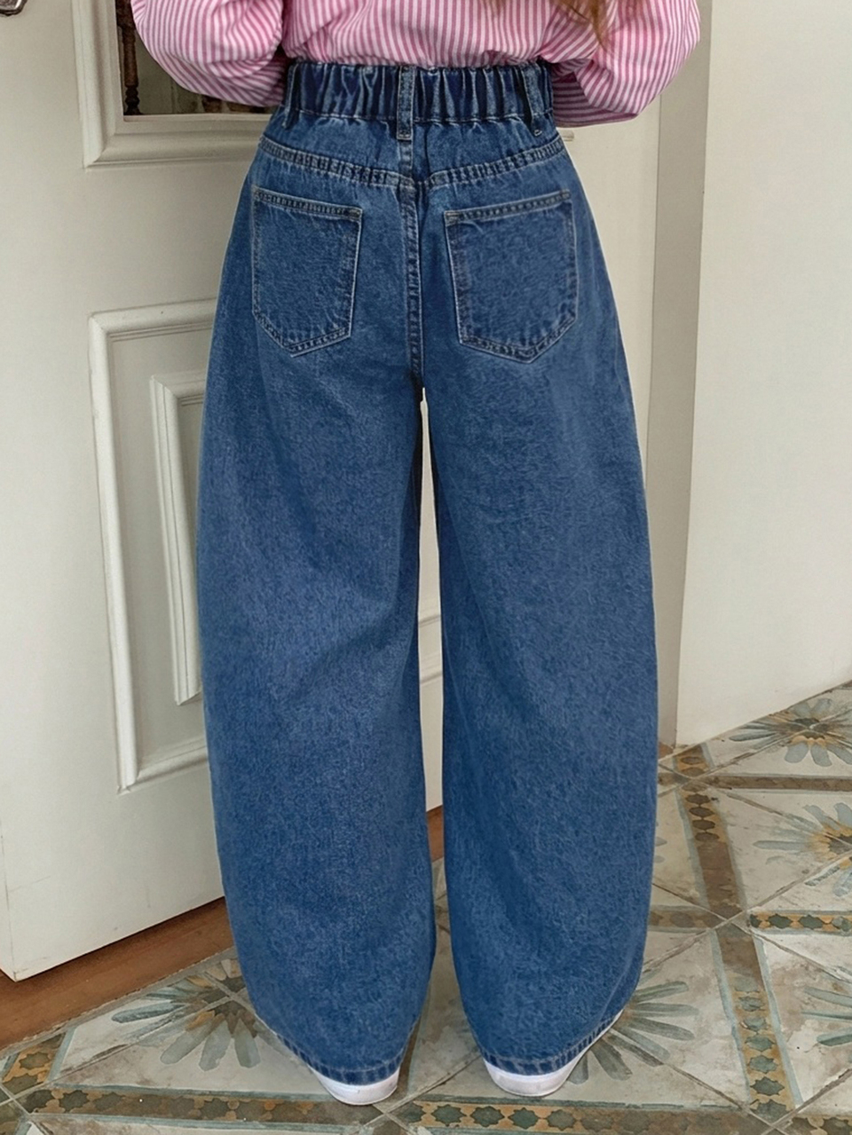 Tween Girl Loose Carrot Pants Washed Blue Basic Cute Denim Jeans Fall