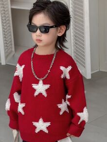 Dazy Kids Young Boy Star Loose Crew Neck Pullover Casual Long Sleeve Autumn/Winter Sweater - Red - View 6